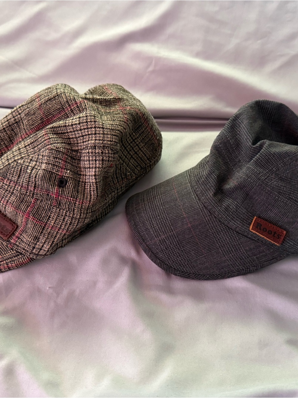 Roots Gray Plaid Womens Cap and Roots Brown Plaid Cap.One has inside rim cut out - Picture 2 of 8